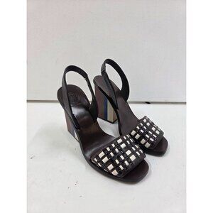 Tory Burch Emori Leather Open Toe Wooden Block Heel Slingback Size 6.5